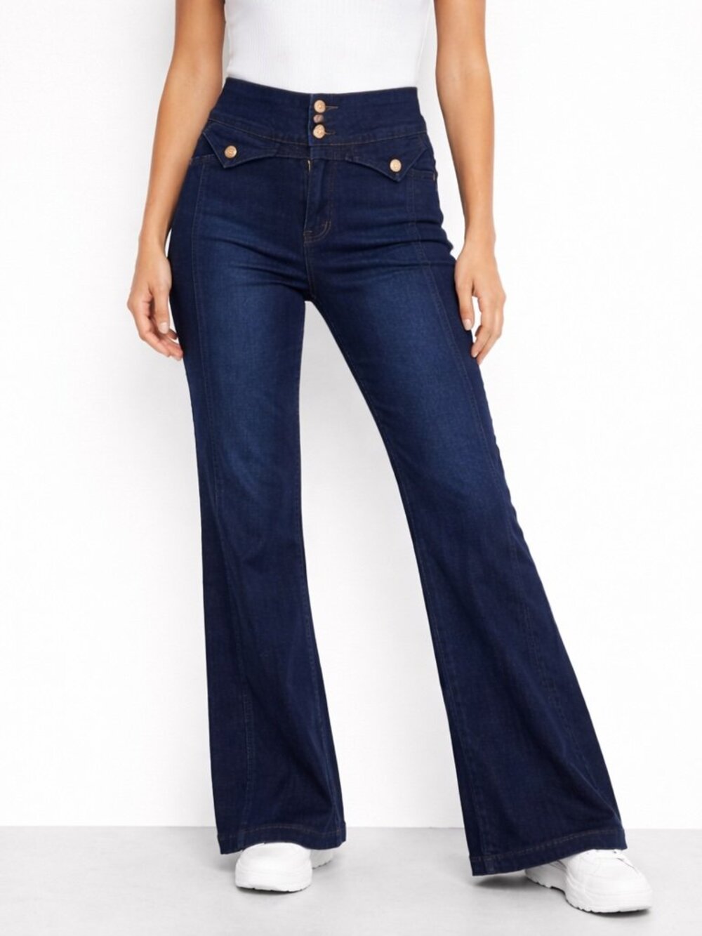 Womens Dark Wash Flare Jeans High Rise Button Front Wide Leg Y2K Denim Small